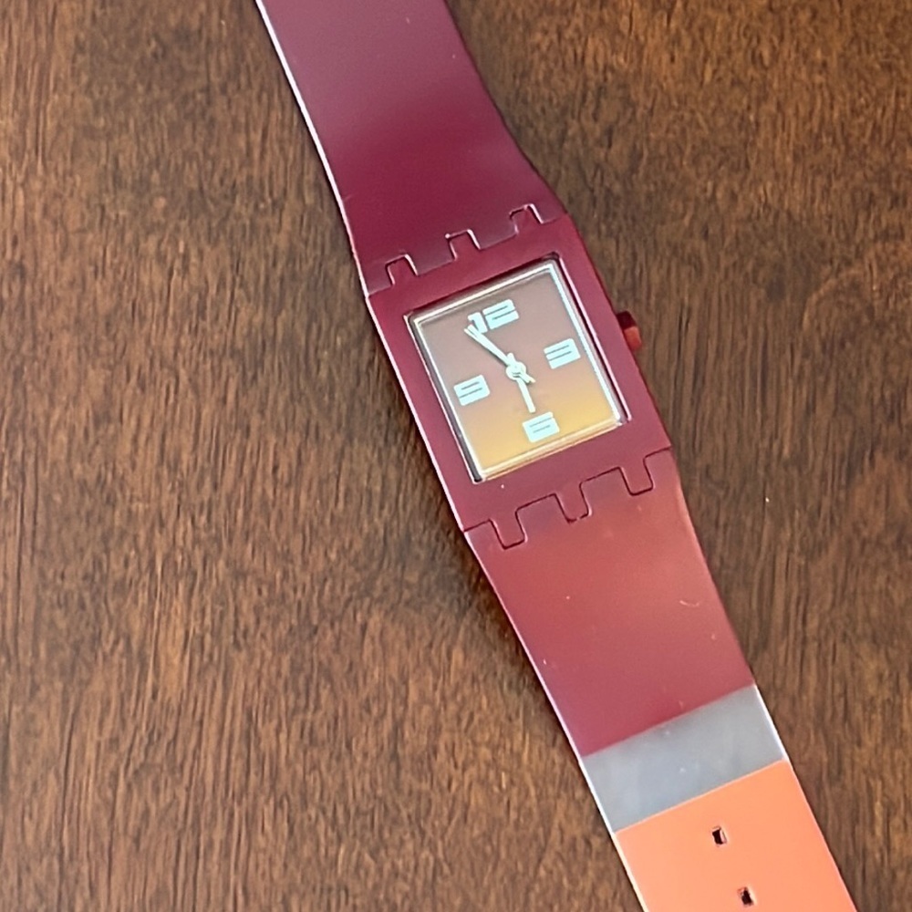 NIB Swatch SUBR102 tank watch - ombré face / two tone band with clear stripe